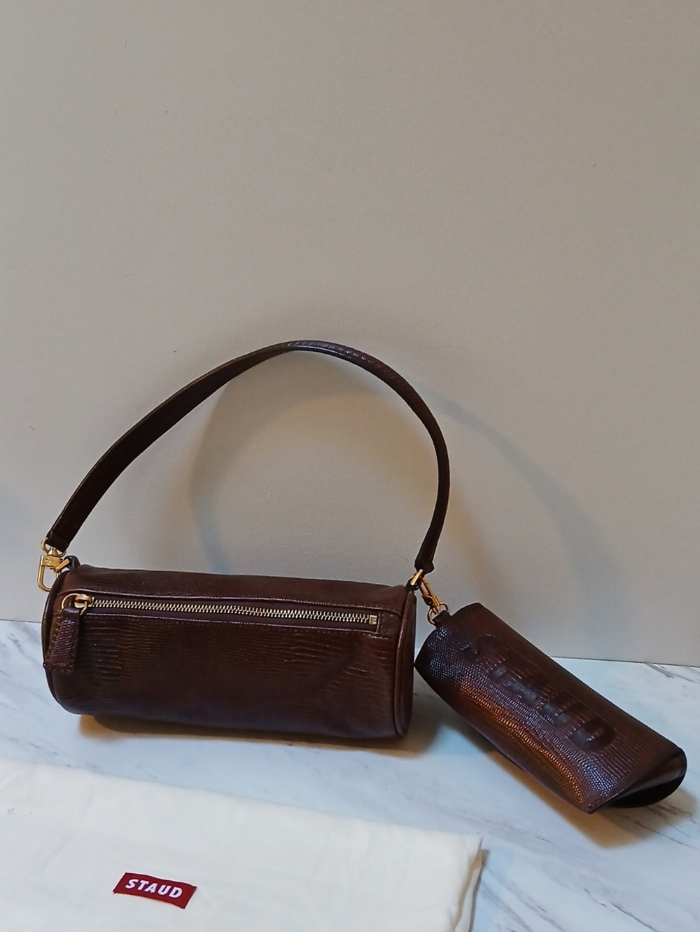 STAUD Susy Lizard Embossed Leather Barrel Shoulder Bag